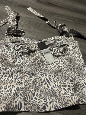 Lioness Animal Print Tie-Shoulder Crop Top - Blue & Cream